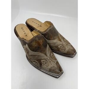 NEW ROPER WOMENS VINTAGE BROWN LEATHER MULE WITH EMBROIDERY SIZE 7 WESTERN